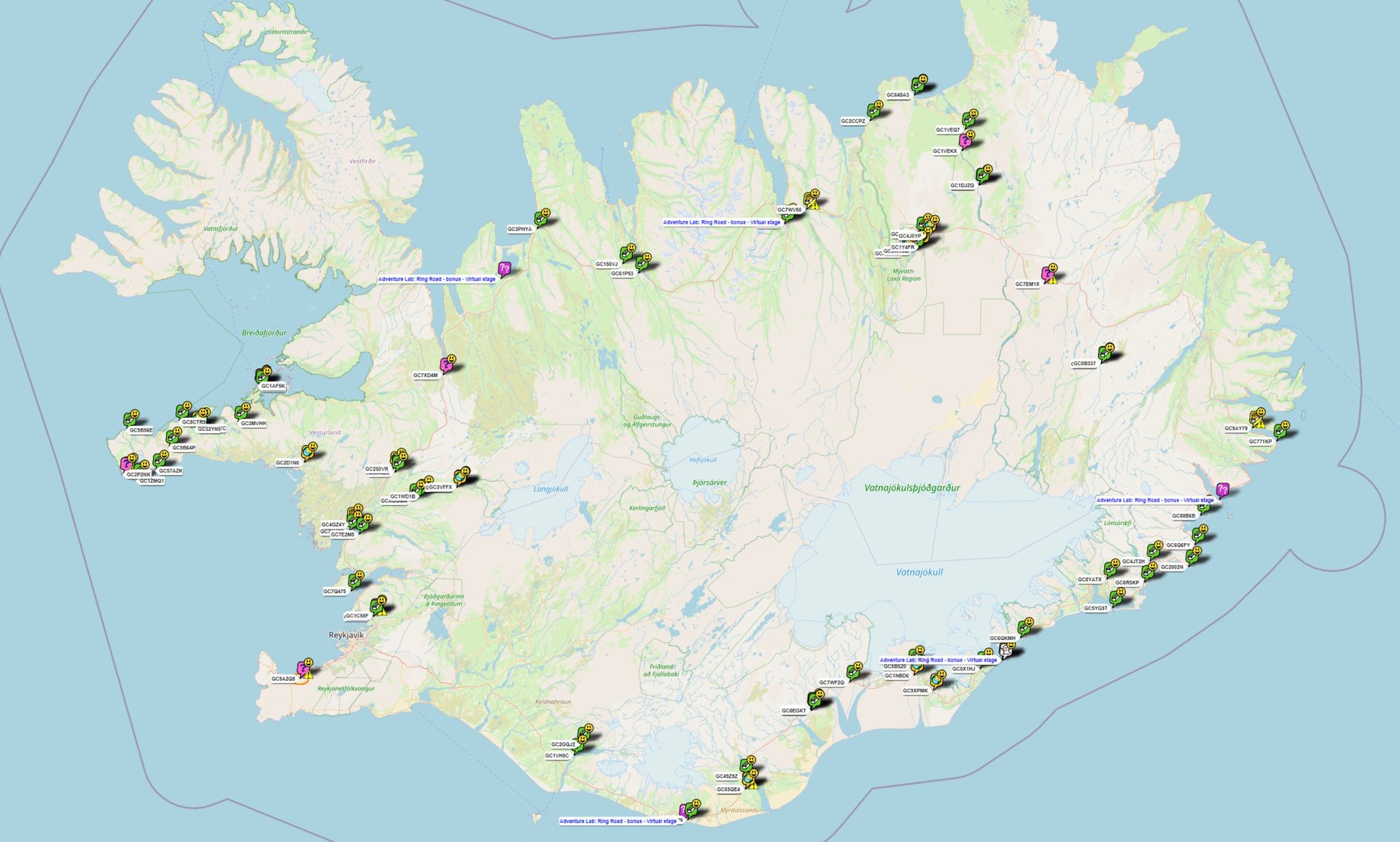 Map of Iceland with geocaches that I actually found on this trip.  It basically follows Route 1, with the addition of Snaefellsness and Husavik.