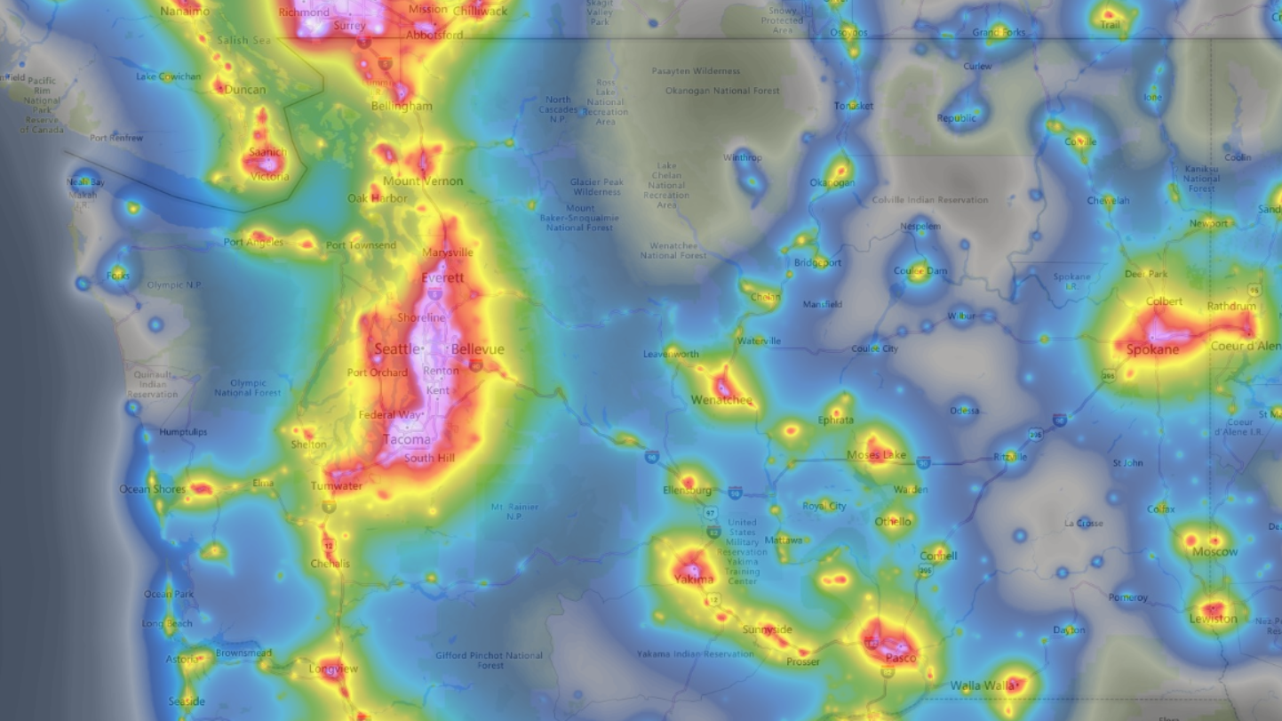 Light pollution map of Washington State.  Where there