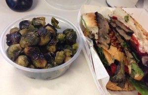 Roasted brussel sprout salad with a portabella panini.  