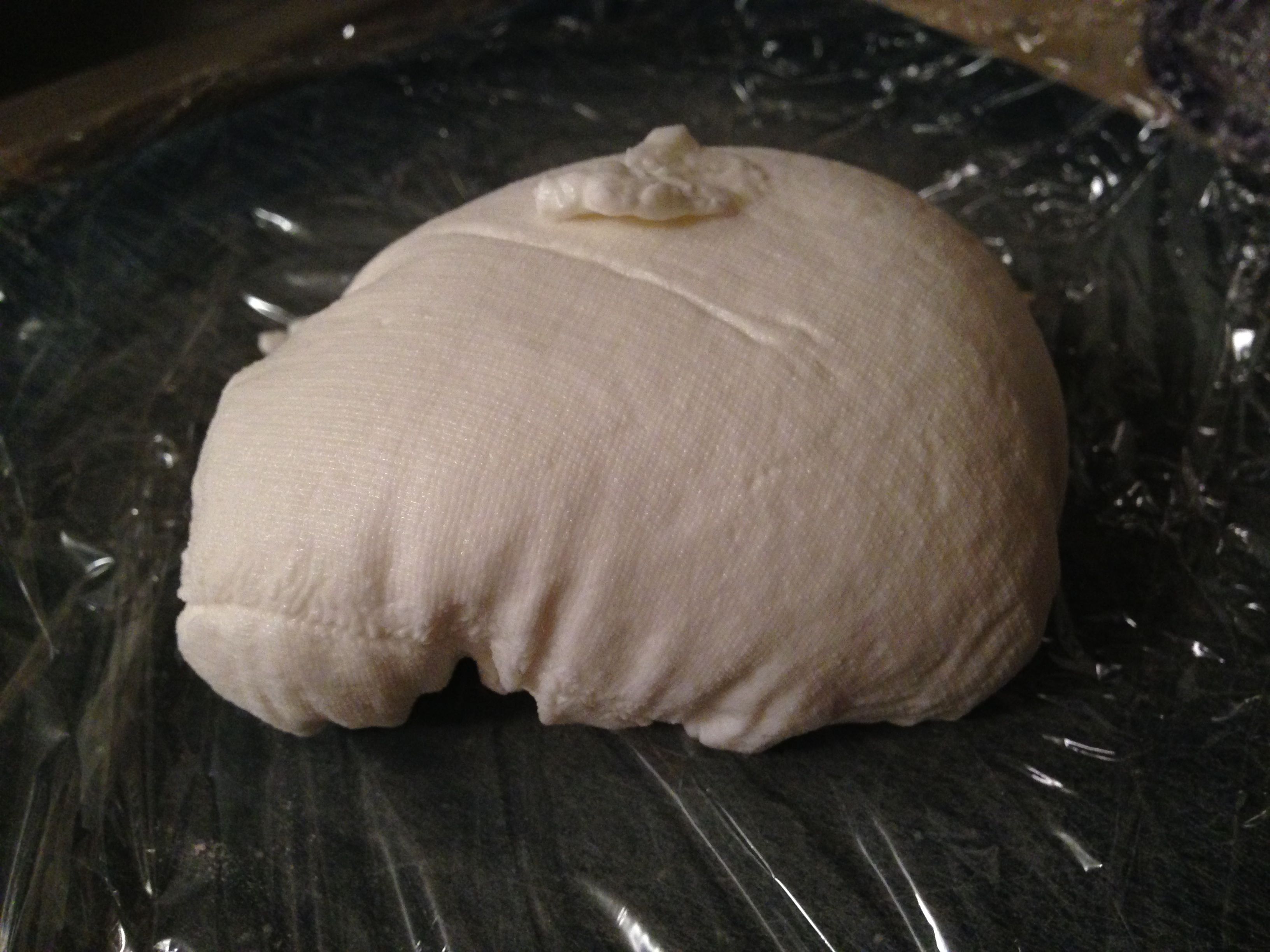 After draining for a few hours, we have a ball of cheese.  Whee!