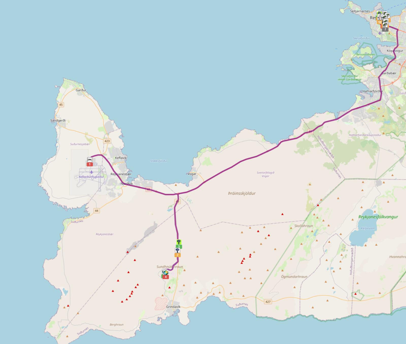 Map showing route from Keflavik airport, via Blue Lagoon (geocaches, currnetly) then Reykjavik where I"ll overnight.