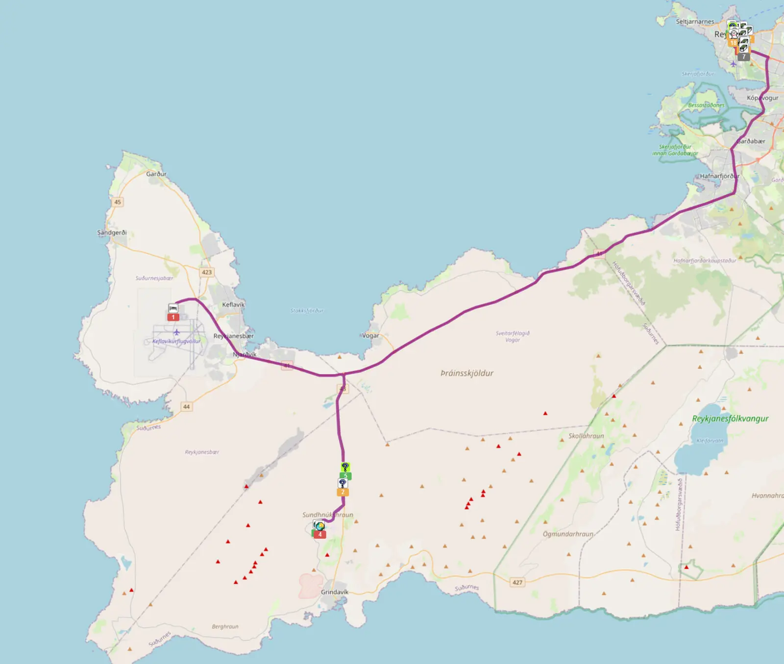Map showing route from Keflavik airport, via Blue Lagoon (geocaches, currnetly) then Reykjavik where I"ll overnight.