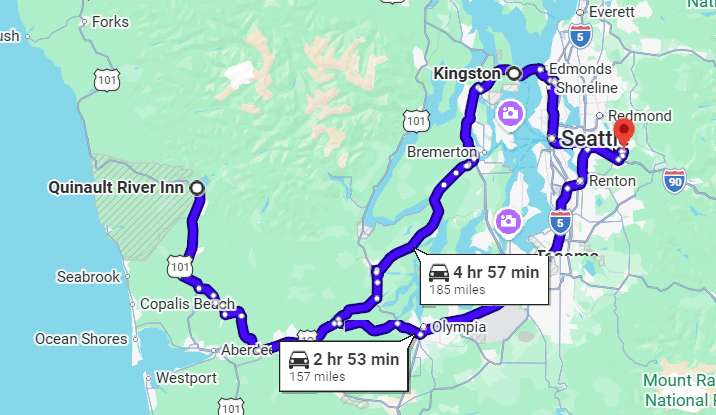 Map of the logical route (2:53, 157 miles) versus the AI-suggested (4:57 plus a ferry = 185 miles)