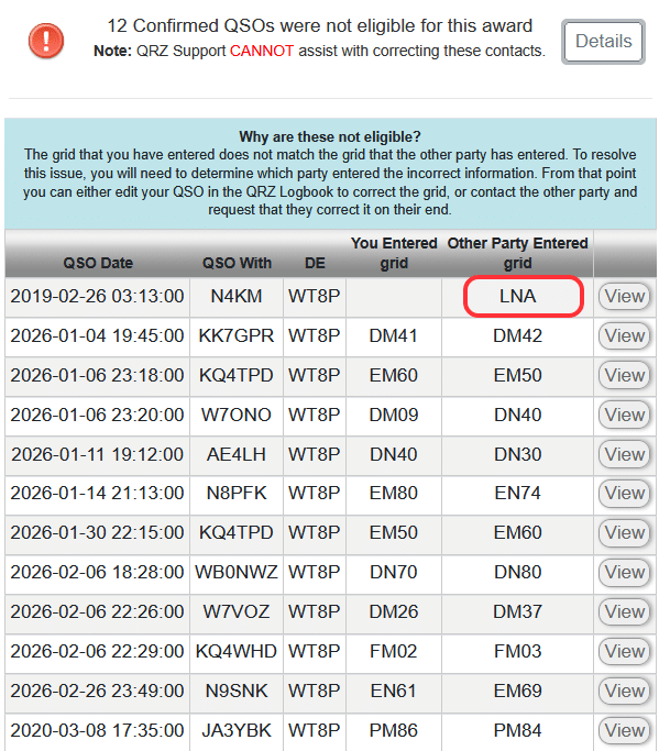 This is a list of 12 QSOs that show a discrepancy between the Maidenhead grid logged by me and the other person. Ideally, I would just have an "accept all" option. There is one example where the grid information from the other person is an impossible value.