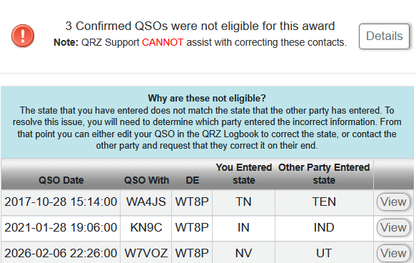 Finally, this is a list of state data that is in conflict. Note that two lines are using three-letter abbreviations, something that should not have been allowed. There is no way I can correct these.